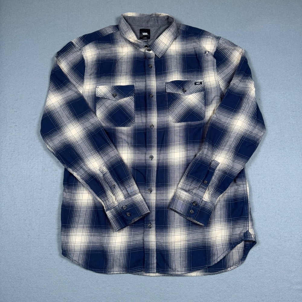 Vans Flannel Shirt Mens XL Blue White Plaid Classic Fit Long Sleeve Button Up